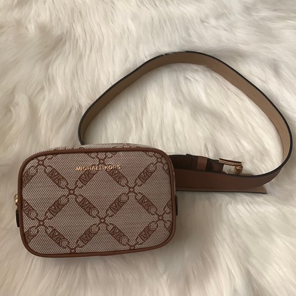 MICHAEL KORS Signature Logo Fanny Pack Belt in Luggage Brown/Light Cream Sz L/XL - Picture 1 of 5